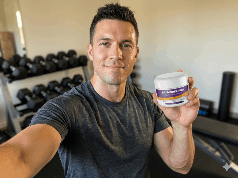 Fitness enthusiast showing Balmorex Pro for joint and muscle support