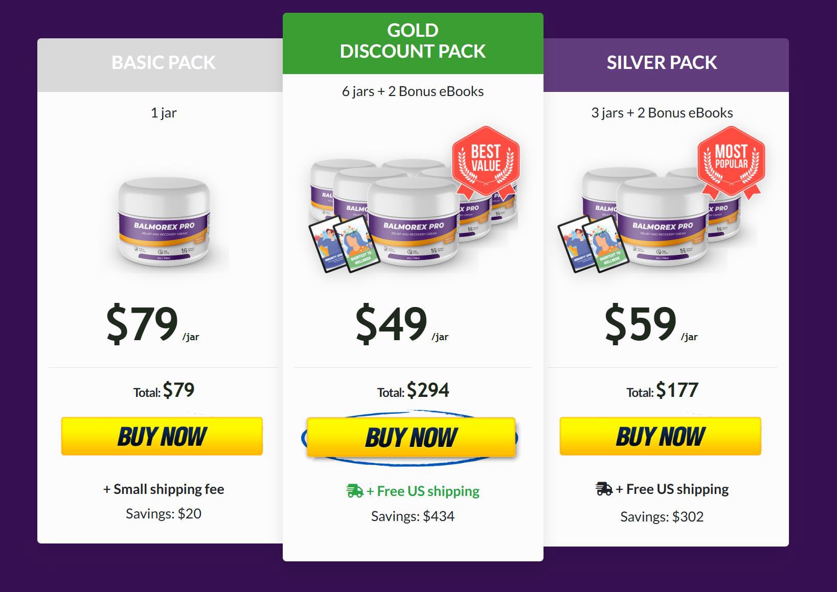 Balmorex Pro pricing plans showing Basic, Silver, and Gold discount packs with jars, prices, and buy now offers
